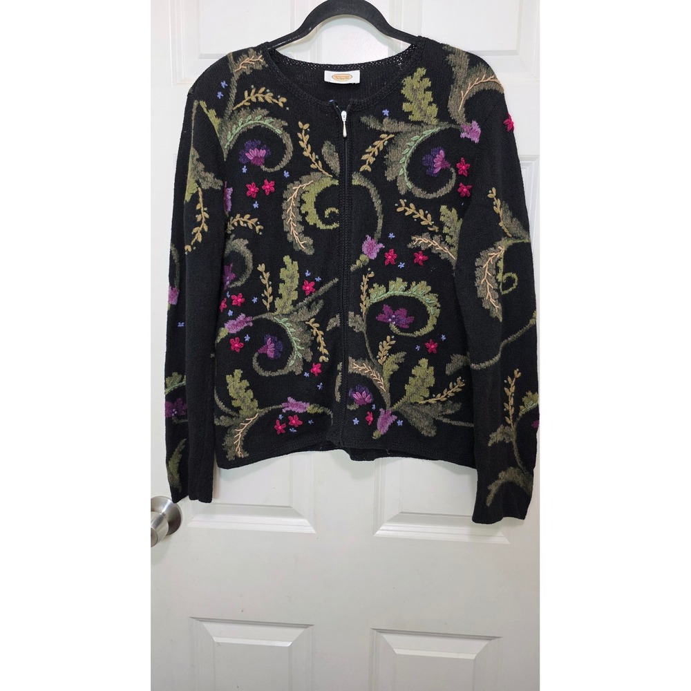 Talbots Embroidered Floral Zip Front Cardigan Womens M Black Knit Sweater Grand
